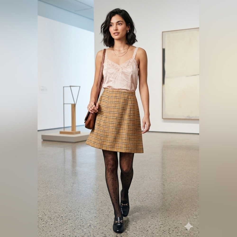 Vtg 60s Corner House Mustard Plaid Wool Tweed Mini Skirt Lined Metal Zipper L/XL